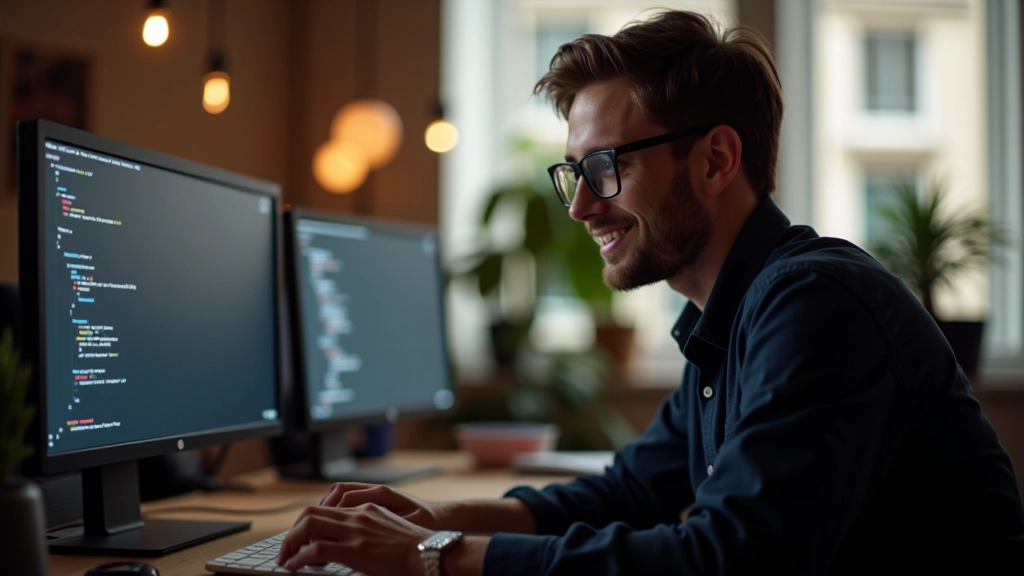 Ontwerper werkt aan CSS-animaties op computer met meerdere monitors in moderne studio