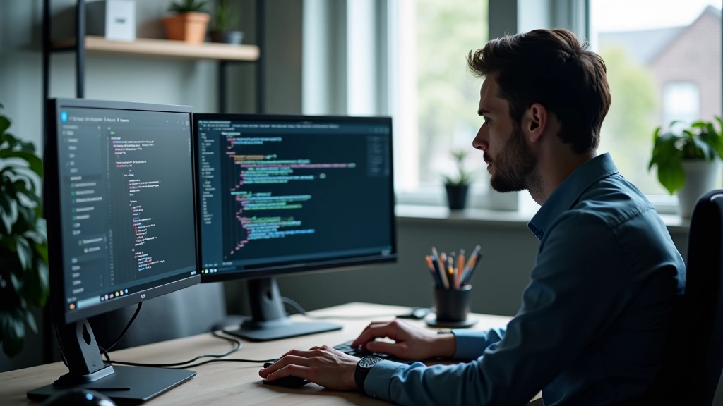 Animator aan het werk met twee monitoren, toont keyframe animatie van laadstatus spinner op scherm